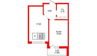 Квартира в ЖК «Рябиновый сад», 1 комнатная, 38.9 м², 1 этаж