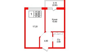 Квартира в ЖК «Рябиновый сад», 1 комнатная, 36.8 м², 2 этаж
