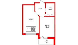 Квартира в ЖК «Рябиновый сад», 1 комнатная, 38.8 м², 2 этаж
