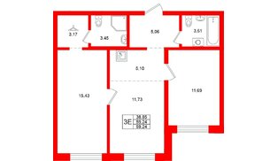 Квартира в ЖК «Тишин», 2 комнатная, 59.24 м², 1 этаж