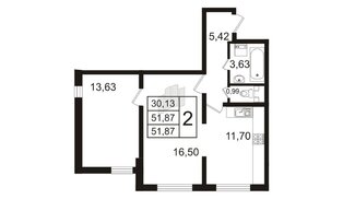 Квартира в ЖК 'Шуваловский', 2 комнатная, 52.3 м², 1 этаж
