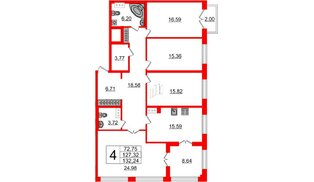 Квартира в ЖК Петровский Квартал на воде, 4 комнатная, 127.5 м², 3 этаж