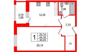 Апартаменты в ЖК PROMENADE, 1 комнатные, 46.05 м², 14 этаж