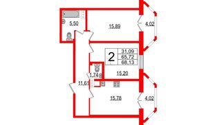 Квартира в ЖК TESORO, 2 комнатная, 68.13 м², 6 этаж