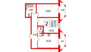 Квартира в ЖК TESORO, 2 комнатная, 68.13 м², 7 этаж