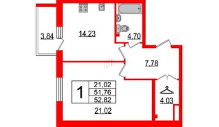 Квартира в ЖК TESORO, 1 комнатная, 52.82 м², 2 этаж