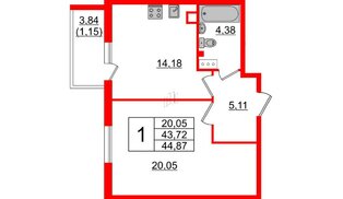 Квартира в ЖК TESORO, 1 комнатная, 44.87 м², 5 этаж