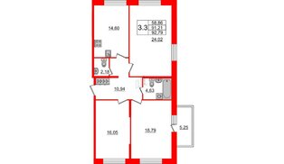 Квартира в ЖК Притяжение, 3 комнатная, 91.3 м², 2 этаж