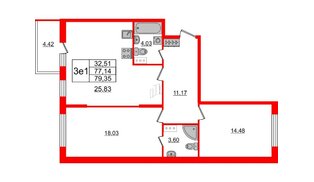 Квартира в ЖК Притяжение, 2 комнатная, 77.14 м², 8 этаж