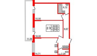 Квартира в ЖК Притяжение, 2 комнатная, 63.2 м², 1 этаж