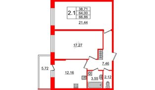 Квартира в ЖК Притяжение, 2 комнатная, 62.6 м², 1 этаж