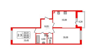 Квартира в ЖК Притяжение, 2 комнатная, 64.2 м², 1 этаж