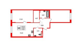 Квартира в ЖК «Черная Речка», 2 комнатная, 74.97 м², 1 этаж
