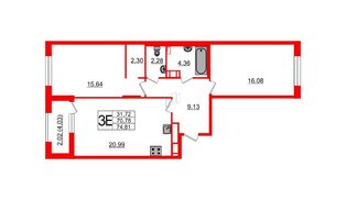 Квартира в ЖК «Черная Речка», 2 комнатная, 70.5 м², 13 этаж