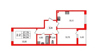 Квартира в ЖК Притяжение, 2 комнатная, 62.6 м², 1 этаж