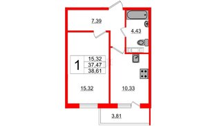 Квартира в ЖК «Новое Горелово», 1 комнатная, 38.2 м², 3 этаж