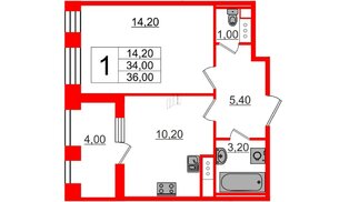Квартира в ЖК Svetlana Park, 1 комнатная, 34.8 м², 9 этаж