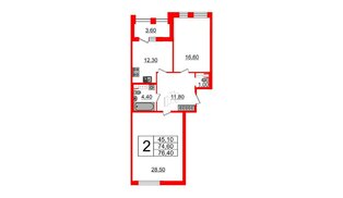 Квартира в ЖК Svetlana Park, 2 комнатная, 75.3 м², 4 этаж