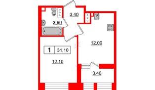 Квартира в ЖК Svetlana Park, 1 комнатная, 31.1 м², 8 этаж