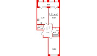 Квартира в ЖК Svetlana Park, 2 комнатная, 58.4 м², 3 этаж