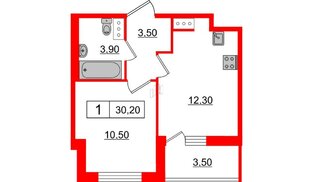 Квартира в ЖК Svetlana Park, 1 комнатная, 30.2 м², 10 этаж
