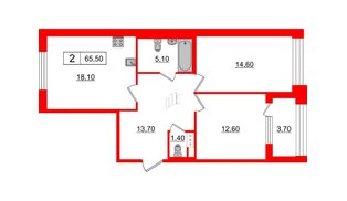 Квартира в ЖК Svetlana Park, 2 комнатная, 65.5 м², 2 этаж