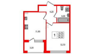 Квартира в ЖК Svetlana Park, 1 комнатная, 32.2 м², 1 этаж