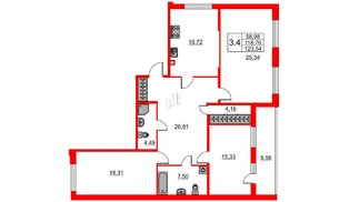Квартира в ЖК Притяжение, 3 комнатная, 117 м², 1 этаж