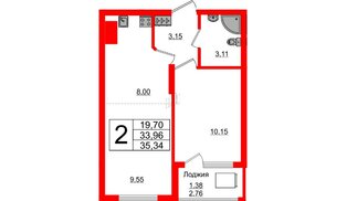 Квартира в ЖК Стерео-2, 2 комнатная, 35.34 м², 15 этаж