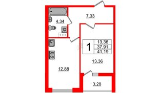 Квартира в ЖК «Черная Речка», 1 комнатная, 37.9 м², 13 этаж