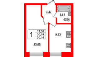 Квартира в ЖК 'Приневский', 1 комнатная, 30.4 м², 1 этаж