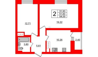 Квартира в ЖК 'Приневский', 2 комнатная, 51.8 м², 22 этаж