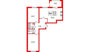 Квартира в ЖК PROMENADE, 2 комнатная, 71.3 м², 9 этаж