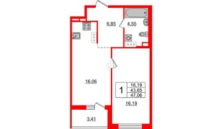 Квартира в ЖК «Черная Речка», 1 комнатная, 43.7 м², 14 этаж