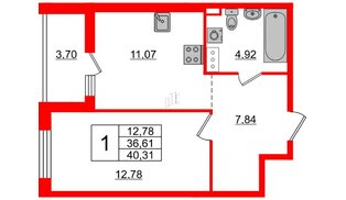 Квартира в ЖК «Черная Речка», 1 комнатная, 36.4 м², 13 этаж