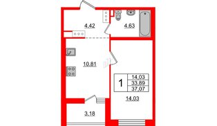 Квартира в ЖК «Черная Речка», 1 комнатная, 34.2 м², 13 этаж