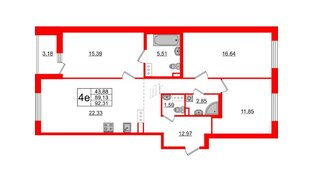 Квартира в ЖК «Черная Речка», 3 комнатная, 89.6 м², 10 этаж