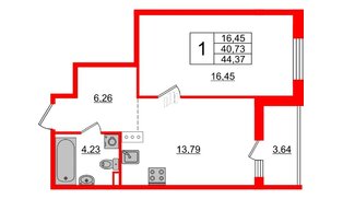 Квартира в ЖК «Черная Речка», 1 комнатная, 40.5 м², 6 этаж