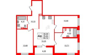 Квартира в ЖК «Черная Речка», 3 комнатная, 76.5 м², 4 этаж