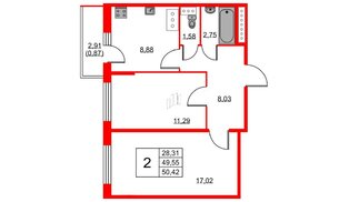 Квартира в ЖК Аквилон Sky, 2 комнатная, 50.42 м², 15 этаж
