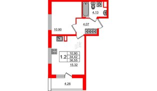 Квартира в ЖК «Чистое небо», 1 комнатная, 34.3 м², 1 этаж