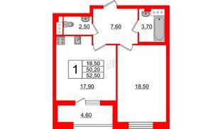 Квартира в ЖК 'Галактика', 1 комнатная, 52.4 м², 11 этаж