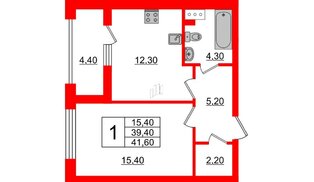 Квартира в ЖК 'Галактика', 1 комнатная, 41.7 м², 6 этаж