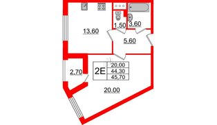 Квартира в ЖК 'Галактика', 1 комнатная, 45.7 м², 6 этаж