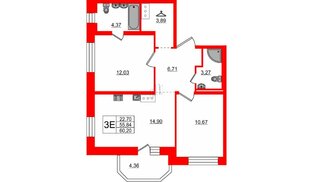 Квартира в ЖК «Северный», 2 комнатная, 55.84 м², 15 этаж