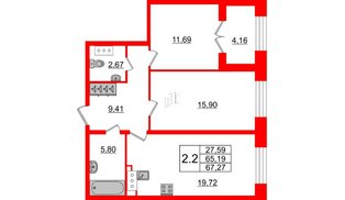 Квартира в ЖК GRAND VIEW, 2 комнатная, 65.19 м², 1 этаж