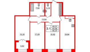 Квартира в ЖК GRAND VIEW, 3 комнатная, 93.56 м², 8 этаж
