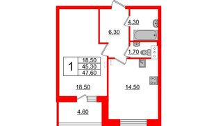 Квартира в ЖК 'Московские ворота 2', 1 комнатная, 47.6 м², 13 этаж