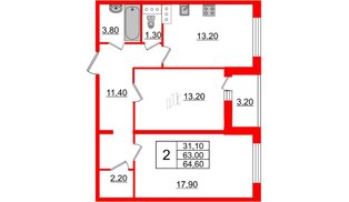 Квартира в ЖК 'Московские ворота 2', 2 комнатная, 64.5 м², 18 этаж