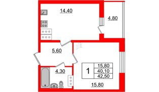 Квартира в ЖК 'Московские ворота 2', 1 комнатная, 42.4 м², 18 этаж